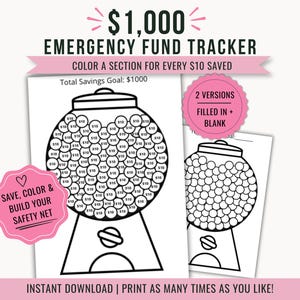 Puede incluir: Un rastreador de fondo de emergencia de 1.000 $ imprimible con un gráfico de máquina de chicles. El diseño incluye el texto 1.000 $ EMERGENCY FUND TRACKER, COLOR A SECTION FOR EVERY 10 $ SAVED y SAVE, COLOR & BUILD YOUR SAFETY NET en acentos rosas.