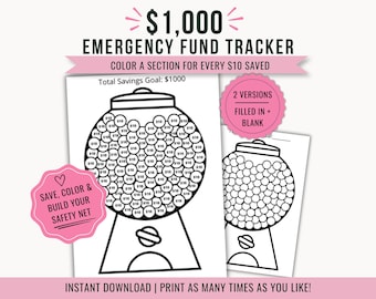 Emergency Savings Tracker Printable | 1000 Dollars Coloring Money Saving Chart (PDF)