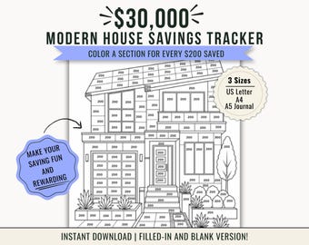 Modern House Savings Tracker, 30000 Dollars Goal Coloring Page (Digital Download)
