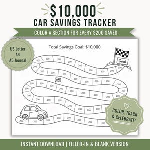 May include: A printable $10,000 Car Savings Tracker sheet featuring a winding path with sections to color for every $200 saved. The design includes a car illustration, a checkered goal flag, and text labels indicating US Letter, A4, and A5 sizes.