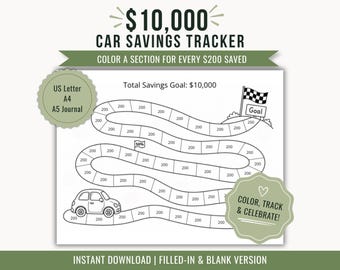 Car Savings Tracker Printable 10,000 Money Challenge Vehicle Fund Coloring Page Road Trip Goal Chart Cash Budget PDF