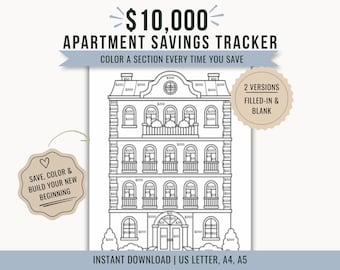 Apartment Savings Tracker, 10,000 Dollars Fund Goal, Move Out Challenge, Printable Coloring Page (Digital Download)