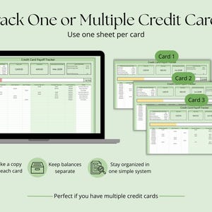 May include: A laptop screen and three cards display a credit card payoff tracker. The text reads "Track One or Multiple Credit Cards" and "Use one sheet per card." Icons and text below describe the tracker's features.