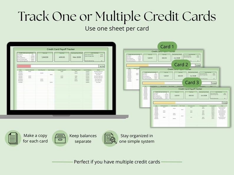 May include: A laptop screen and three cards display a credit card payoff tracker. The text reads "Track One or Multiple Credit Cards" and "Use one sheet per card." Icons and text below describe the tracker's features.