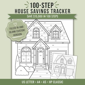Może przedstawiać: 100-krokowy tracker oszczędności na dom z rysunkiem liniowym domu podzielonym na sekcje oznaczone 150. Tekst brzmi 100-STEP HOUSE SAVINGS TRACKER, SAVE $15,000 IN 100 STEPS, FILLED IN AND BLANK CUSTOM VERSION, US LETTER, A4, A5, HP CLASSIC.