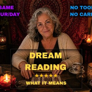 May include: A person with gray hair wearing a beige cardigan and black shirt sits at a wooden table with candles, a teacup, and cards. Text overlays read: SAME HOUR/DAY, NO TOOLS, NO CARDS, DREAM READING, and WHAT IT MEANS with five yellow stars.