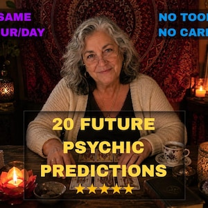 Op de afbeelding: Een persoon met grijs haar in een beige vest zit aan een houten tafel met tarotkaarten, kaarsen en een theekopje. De tekst luidt: SAME HOUR/DAY, NO TOOLS, NO CARDS, 20 FUTURE PSYCHIC PREDICTIONS en vijf gele sterren.
