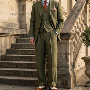 Men's Olive Green Linen 3 Piece Suit, 1920s Gatsby Style Wide Leg Trousers, Wedding Outfit