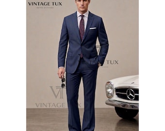 Marineblauw retropak heren jaren 70 | Blazer in vintagestijl met wijde revers en uitlopende broek | Op maat gemaakte, op maat gemaakte trouwkostuum | Klassieke pasvorm