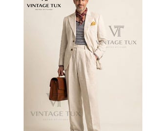 Traje de lino beige estilo vintage para hombre / Traje de verano de 2 piezas a medida / Ropa masculina estilo retro de los años 70 / Atuendo clásico para bodas en la playa