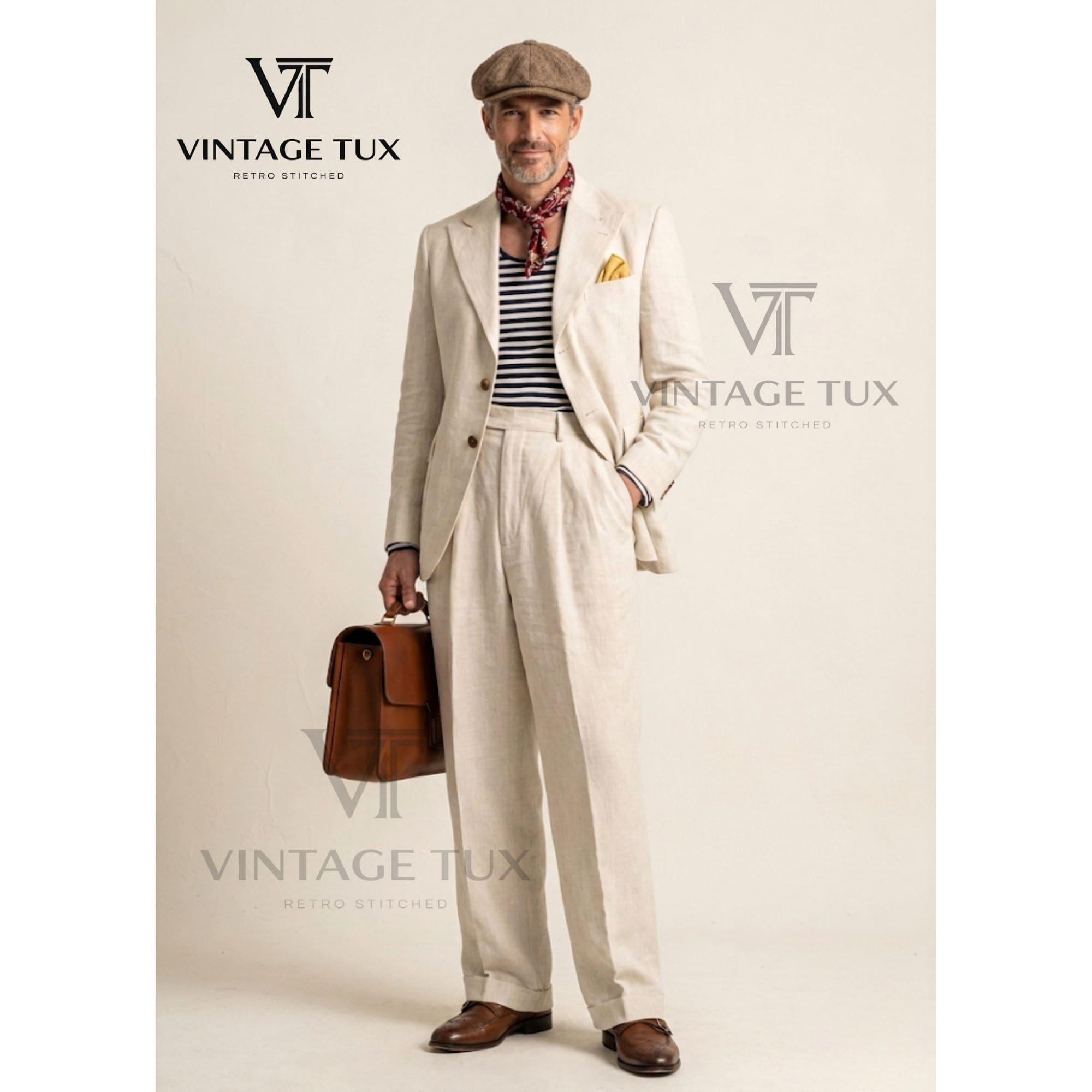 Men's Beige Linen Suit Vintage Style 1970s Two-Piece Custom Tailored Summer Beach Wedding Attire