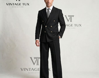 Costume homme croisé noir vintage des années 1970 Style pantalon évasé jambe large pour homme sur mesure smoking de marié sur mesure vêtements de cérémonie pour hommes