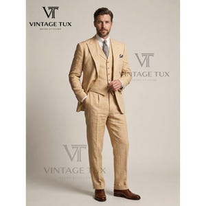 Roaring 20s Gatsby Men's Linen Suit - Three Piece - Beige / Tan | Vintage Inspired Summer Wedding, Garden Party Groom Outfit