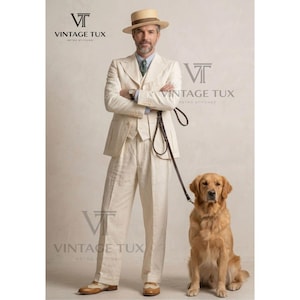 May include: A man in a cream-colored suit, vest, and hat stands with a golden retriever. The suit is paired with a light blue shirt and patterned tie. The image includes the text "VINTAGE TUX RETRO STITCHED".