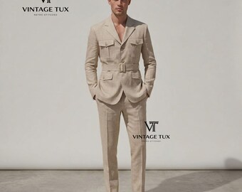 Men's Beige Safari Suit | Custom Tailored Belted 2-Piece Suit | Vintage 1970s Retro Style | Summer Wedding & Resort Wear
