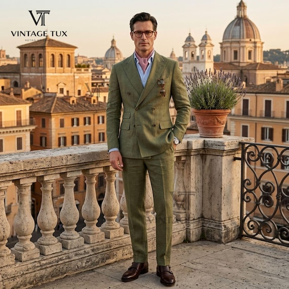 olive green dress with pink shoes Men's Pure Linen Double-breasted Suit – Lightweight Luxury Tailoring style pink and green outfits