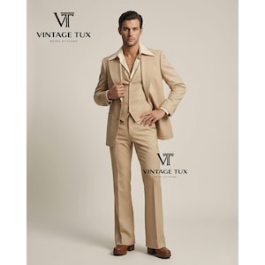 May include: A three-piece tan suit with a wide lapel jacket, vest, and flared pants. The suit is worn with a cream-colored shirt. The image includes the text "VINTAGE TUX" and "RETRO STITCHED".