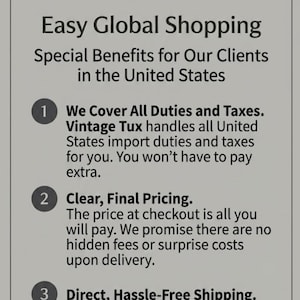 May include: A promotional graphic for Vintage Tux, featuring the company logo and text about easy global shopping for clients in the United States. The text highlights benefits such as covering duties and taxes, clear pricing, and hassle-free shipping.