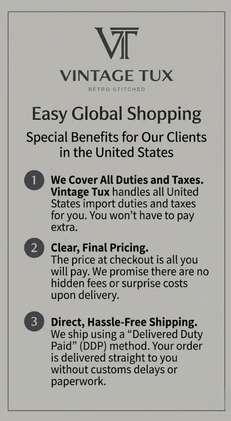 May include: A promotional graphic for Vintage Tux, featuring the company logo and text about easy global shopping for clients in the United States. The text highlights benefits such as covering duties and taxes, clear pricing, and hassle-free shipping.