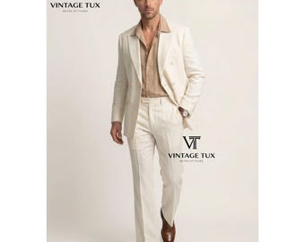 Costume d'été crème style années 70 vintage | Blazer croisé en lin mélangé et pantalon flare | Smoking homme pour mariage de plage