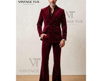 Men's Ruby Red Velvet Suit | 1970s Retro Flared Two-Piece | Custom Double Breasted Tuxedo | Vintage Style Bespoke Party Wear