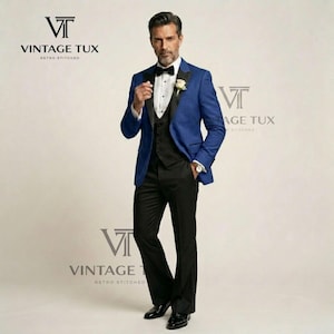 black tux with royal blue dress Men's Black And Royal Blue Tuxedo Prom 2026 Wedding Suit Dress 34 Short main image 1