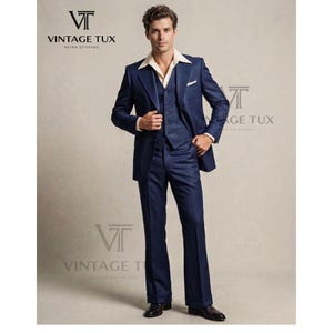 Mens 1970s Retro Navy Blue 3-Piece Suit | Custom Made Vintage Style Tuxedo | Flared Pants & Wide Lapel Jacket | Classic Disco Wedding Suit