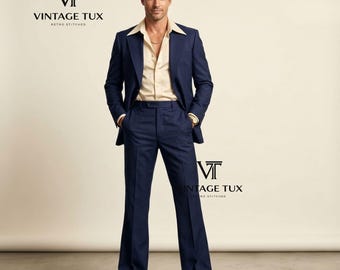 Men's Vintage 70s Blue Suit| Retro Bell Bottom Tuxedo | Vintage Style Wedding Suit | Custom Tailored 2-Piece Retro Disco Suit