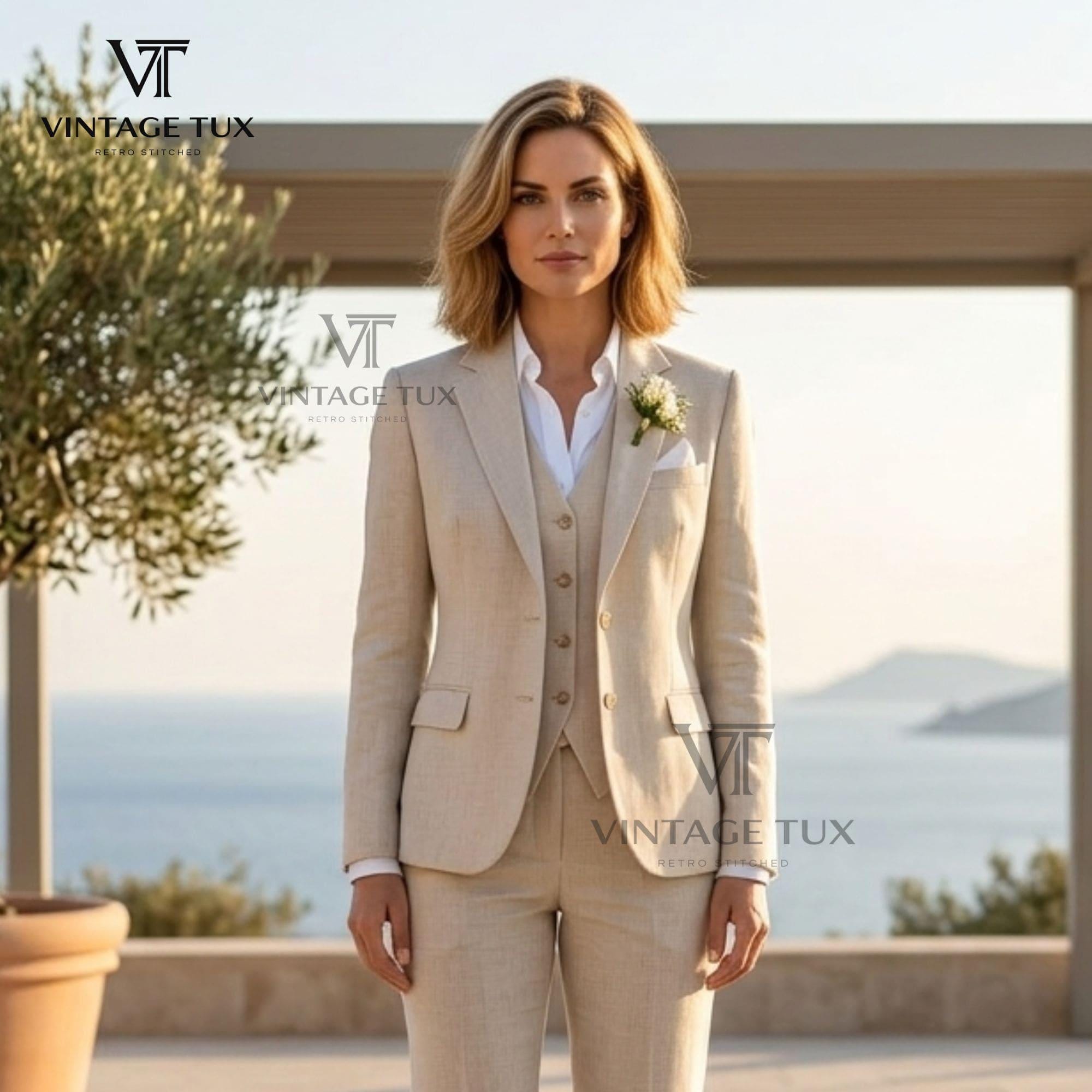 Women's Camel Beige 3-Piece Tailored Suit Summer Wedding Linen Blend Pantsuit