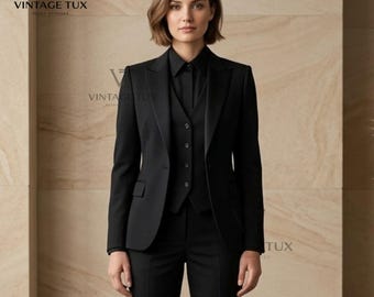Women's Pitch Black 3-Piece Tuxedo | Custom-Fit Peak Lapel Blazer, Waistcoat & Trousers