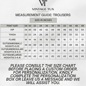May include: Measurement guide for trousers, featuring a size chart in inches. The chart includes pant size, hip, thigh, flare, and outseam measurements for various sizes, from 28 to 48. Text at the bottom advises consulting the size chart before ordering.