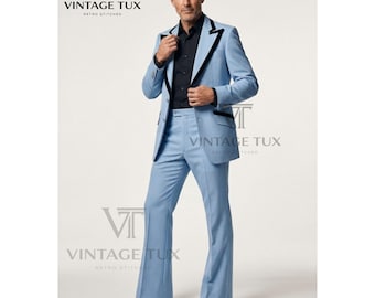 Lichtblauw tweedelig herenpak met zwart fluwelen bies | Vintage jaren 70 uitlopende bootcut-broek | Formele kleding voor schoolfeest, bruidegom en rode loper