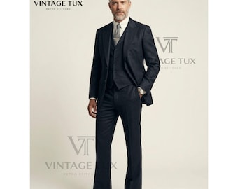 Vintage Style Charcoal 3-Piece Linen Suit | 1970s Retro Flared Trousers | Custom Tailored Vintage Suit |  Formal Menswear by Vintage Tux