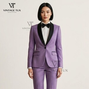 Purple Women's Tuxedo Suit | Black Lapel Tailored Pantsuit | Lavender Evening 2-Piece Set | Formal Wedding Guest, Prom & Red Carpet Outfit