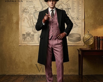 Vintage roestroze 3-delig pak en overjas | Op maat gemaakte retro herenkleding | Klassieke Gentleman Peaky Blinders-stijl | Winterpak heren