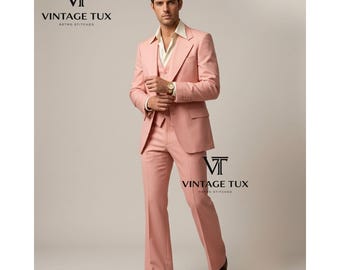 Traje de hombre rosa de 3 piezas estilo años 70 / Esmoquin retro rosa suave con pantalones acampanados / Traje de boda y graduación a medida con pantalones de campana