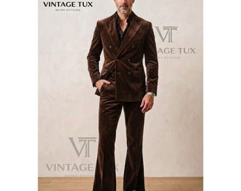 Earthy Brown Velvet 70s Suit | Retro Double Breasted Jacket & Flared Pants | Custom Made Menswear