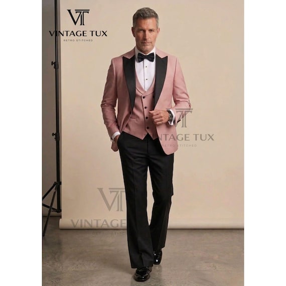 Men's Dusty Pink 70s Style Suit | Black Flared Pants, Custom Tailored Tuxedo