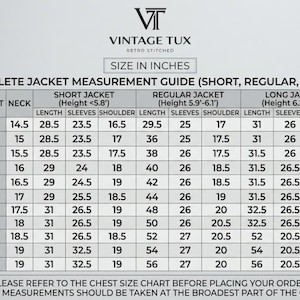 May include: A complete jacket measurement guide in inches, with size, chest, neck, and measurements for short, regular, and long jacket lengths. The guide includes sleeve and shoulder measurements. The Vintage Tux logo is at the top.