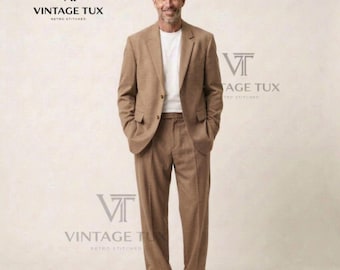 Traje de boda informal beige para hombre / Traje de dos piezas de corte relajado / Traje de novio de verano hecho a medida / Traje retro de estilo urbano hecho a mano