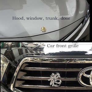 May include: A gold-coloured dragon emblem attached to a car's bonnet and front grille. The bonnet text reads "Hood, window, trunk, door." The front grille has the text "Car front grille."