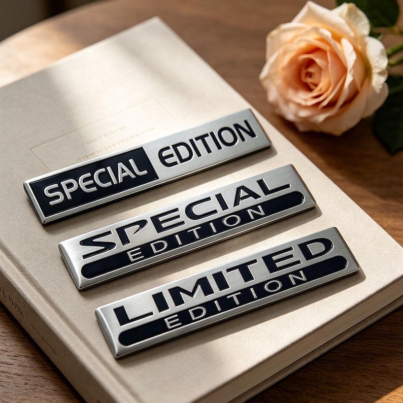 May include: Three rectangular metal badges with the words "SPECIAL EDITION" and "LIMITED EDITION" in bold, sans-serif font. The badges have a silver finish with black lettering and a black stripe. A peach rose rests on a book.
