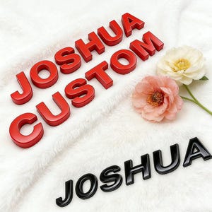 May include: Red 3D letters spelling "JOSHUA CUSTOM" and black letters spelling "JOSHUA" are displayed on a white, fluffy surface. Two flowers, one cream and one peach, are placed near the letters. The letters appear to be custom-made.