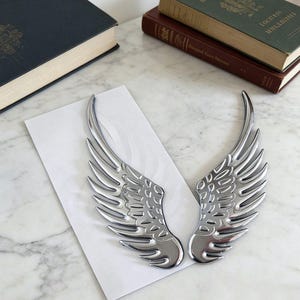 Könnte beinhalten: Ein Paar glänzende, silberfarbene Metall-Flügeldekorationen. Die Flügel sind mit einzelnen Federformen detailliert und liegen auf einer weißen Oberfläche. Die Flügel dienen wahrscheinlich Dekorationszwecken.