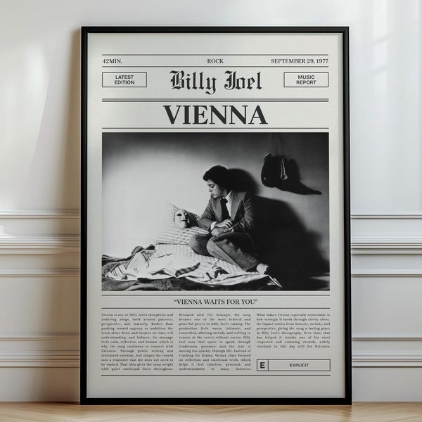 Vienna Poster, Billy Joel Art Print, Newspaper Style, 70s Rock Decor, Music Gift