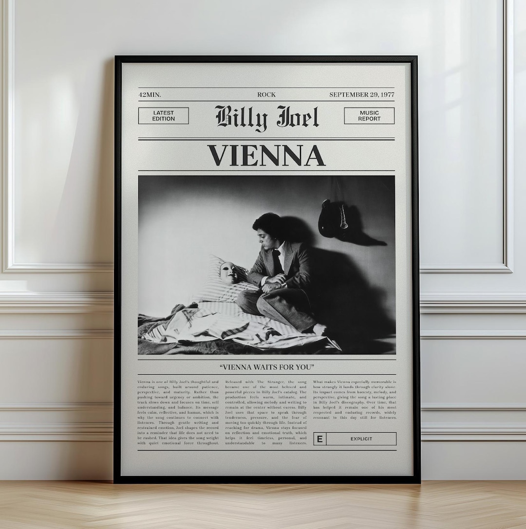 Vienna Poster, Billy Joel Art Print, Newspaper Style, 70s Rock