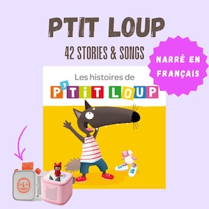 Op de afbeelding: Kinderboekcover met de titel "PTIT LOUP" en de tekst "42 STORIES & SONGS". De cover toont een cartoonwolf en een schaap. Een roze audiospeler en een witte audiospeler staan op de voorgrond.