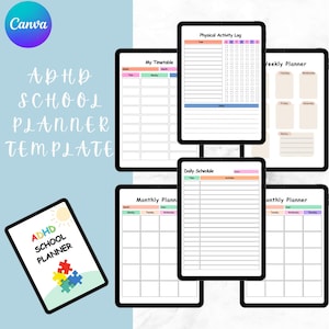 May include: Digital ADHD school planner template shown on tablets. The planner includes sections for a timetable, physical activity log, weekly and monthly planning, and a daily schedule. The cover features the text "ADHD SCHOOL PLANNER" with puzzle pieces.