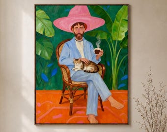 Textured Oil Painting Of Whimsical Tropical Man with Cat,Vibrant Boho Jungle Home Decor,Modern Colorful Man Wall Art,Banana Leaf Wall Art