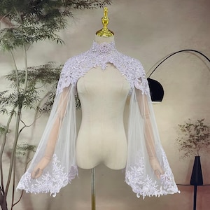 Romantico scialle da sposa viola con maniche pendenti, in morbido tulle e pizzo, con maniche rimovibili con bottoni, accessorio per abito.